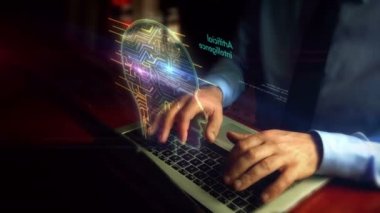 Klavye üzerinden yapay zeka hologram ekran ile dizüstü bilgisayarda yazma adam. Sibernetik beyin, bilim, derin öğrenme ve siber zihin kavramı. El kamera sallamak.