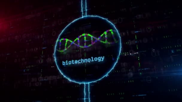 Biyoteknoloji Dna Helis Hologramı Dijital Arka Planda Dinamik Elektrik Çemberinde — Stok video