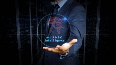 Yapay zeka hologramlı işadamı dokunmatik ekranı