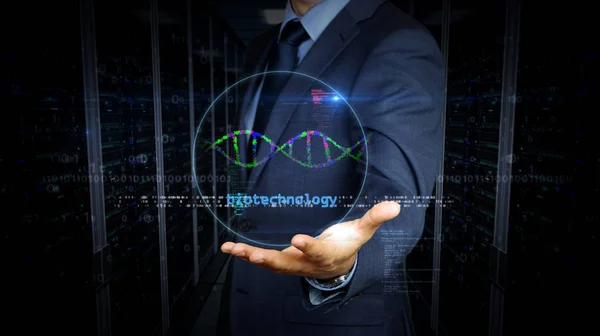 Affärsman pekskärm med bioteknik och DNA Helix hologram — Stockfoto