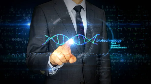 Tela sensível ao toque do empresário com biotecnologia e hologr de hélice de DNA — Fotografia de Stock