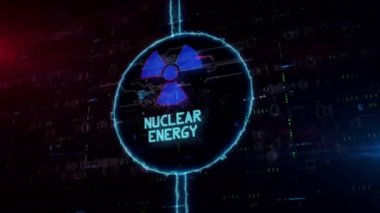Nükleer enerji sembolü hologram dijital arka plan üzerinde dinamik elektrik daire içinde. Modern bilim kavramı, tehlike simgesi ve ışık ve aksaklık etkisi ile uyarı.