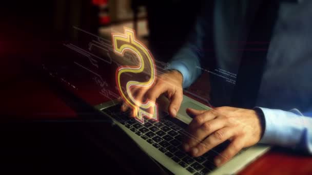 Homem Digitando Laptop Com Tela Holograma Símbolo Dólar Sobre Teclado — Vídeo de Stock
