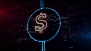 Dijital arka planda dinamik elektrik çemberinde dolar sembolü hologramı. Hafif ve aksaklık etkisi ile para, iş, ekonomi, bankacılık, finans ve e-ticaret modern kavramı.