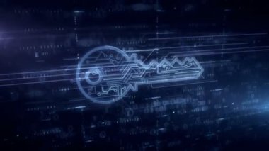 Anahtar sembolü hologram 3d animasyon ile siber güvenlik. Mavi dijital arka planda bilgisayar güvenliği, şifreleme ve parola koruması modern kavramı.
