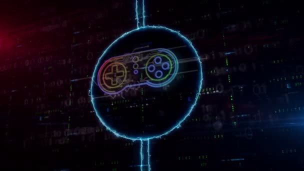 デジタル背景上のダイナミックな電気円のゲームパッドシンボルホログラム ゲーム プレイ 光とグリッチ効果を持つオンラインゲームの近代的な概念 — ストック動画