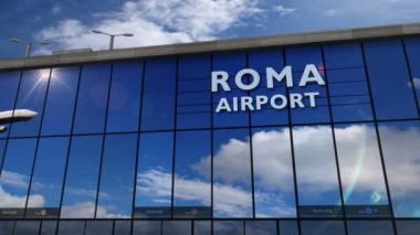 İtalya'nın Roma bölgesine iniş jet uçağı. Cam havaalanı terminali ve uçağın yansıması ile şehre varış. Seyahat, iş, turizm ve ulaşım konsepti.