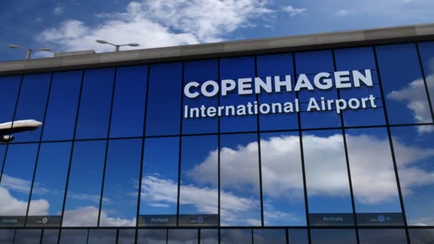 Самолёты Jet Приземляются Копенгагене Дания Рендеринг Анимации Прибытие Город Стеклянным — стоковое видео