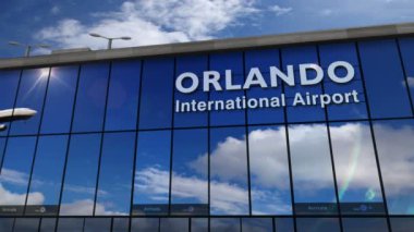 Orlando, Florida 3d render animasyon jet uçağı iniş. Cam havaalanı terminali ve uçağın yansıması ile şehre varış. Seyahat, iş, turizm ve ulaşım konsepti.