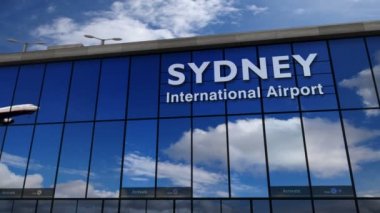Sidney, Avustralya 3d render animasyon jet uçağı iniş. Cam havaalanı terminali ve uçağın yansıması ile şehre varış. Seyahat, iş, turizm ve ulaşım.
