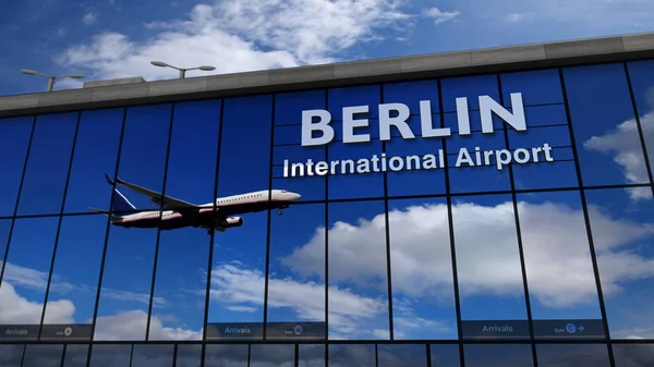 Repülőgép leszállás Berlinben tükrözött terminálon — Stock Fotó