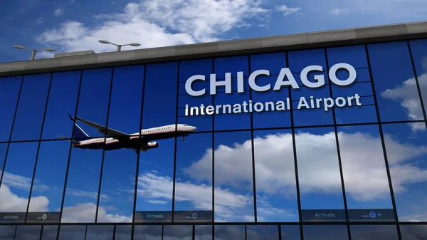 Airplane landing in Chicago, Illinois, Verenigde Staten gespiegeld in Terminal — Stockfoto