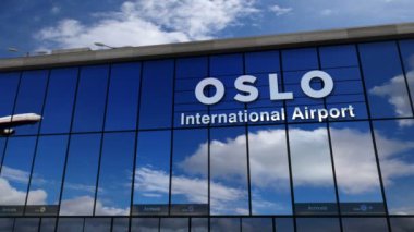 Oslo jet uçağı iniş, Norveç 3d render animasyon. Cam havaalanı terminali ve uçağın yansıması ile şehre varış. Seyahat, iş, turizm ve ulaşım konsepti.