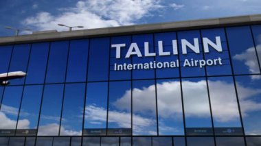 Tallinn jet uçağı iniş, Estonya 3d render illüstrasyon. Cam havaalanı terminali ve uçağın yansıması ile şehre varış. Seyahat, iş, turizm ve ulaşım konsepti.