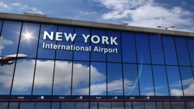 Jet uçağı New York, Jfk, Kennedy, Abd, Amerika 3d render animasyon iniş. Cam havaalanı terminali ve uçağın yansıması ile şehre varış. Seyahat, turizm ve ulaşım.