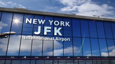 Jet uçağı New York, Jfk, Kennedy, Abd, Amerika 3d render animasyon iniş. Cam havaalanı terminali ve uçağın yansıması ile şehre varış. Seyahat, turizm ve ulaşım.