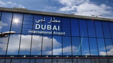 Dubai 3d render illüstrasyon jet uçağı iniş. Cam havaalanı terminali ve uçağın yansıması ile şehre varış. Seyahat, iş, turizm ve ulaşım konsepti.