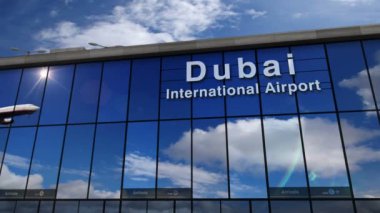 Dubai 3d render illüstrasyon jet uçağı iniş. Cam havaalanı terminali ve uçağın yansıması ile şehre varış. Seyahat, iş, turizm ve ulaşım konsepti.