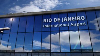 Rio de Janeiro jet uçağı iniş, Brezilya 3d render animasyon. Cam havaalanı terminali ve uçağın yansıması ile şehre varış. Seyahat, iş, turizm ve ulaşım konsepti.