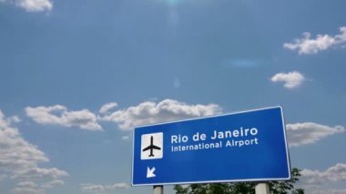 Rio de Janeiro, Brezilya 'ya bir jet uçağı iniyor. Havaalanı istikameti işaretli şehir gelişi. Seyahat, iş, turizm ve ulaşım konsepti. 3B canlandırma canlandırması.