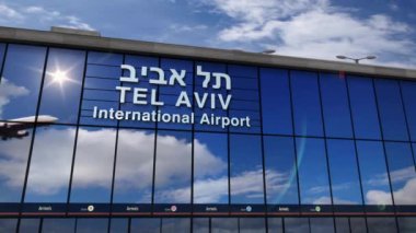 Tel Aviv, İsrail 3d render animasyon jet uçağı iniş. Cam havaalanı terminali ve uçağın yansıması ile şehre varış. Seyahat, iş, turizm ve ulaşım konsepti.