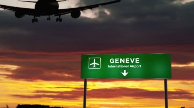Geneve, İsviçre'ye uçak silueti iniş. Arka planda havaalanı yön tabelası ve gün batımı ile şehir varış. Gezi ve ulaşım konsepti 3d animasyon.