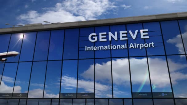 Jet Uçağı Geneve Sviçre Iniş Cam Havaalanı Terminali Uçağın Yansıması — Stok video