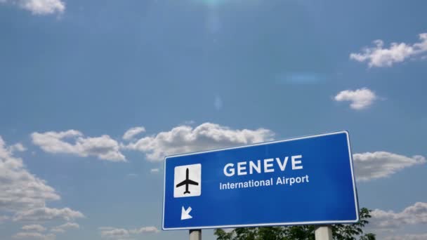 Jet Airplane Landing Geneve Switzerland City Arrival Airport Direction Sign — Stock Video