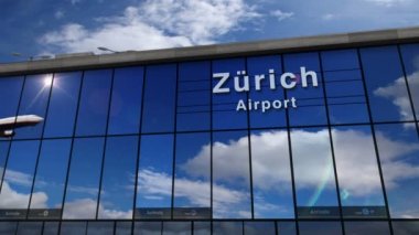 Zürih jet uçağı iniş (Zrich) İsviçre 3d render animasyon. Cam havaalanı terminali ve uçağın yansıması ile şehre varış. Seyahat, iş, turizm ve ulaşım konsepti.