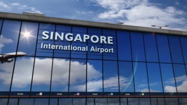 Singapur 3d render animasyon jet uçağı iniş. Cam havaalanı terminali ve uçağın yansıması ile şehre varış. Seyahat, iş, turizm ve ulaşım konsepti.