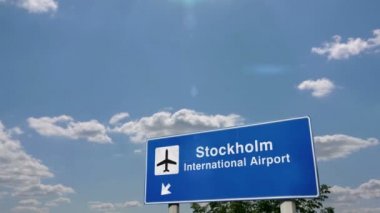 Jet uçağı Stockholm, İsveç'e iniş yaptı. Havaalanı yön işareti ile şehir varış. Seyahat, iş, turizm ve ulaşım konsepti. 3d render animasyonu.