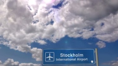 Jet uçağı Stockholm, İsveç'e iniş yaptı. Havaalanı yön işareti ile şehir varış. Seyahat, iş, turizm ve ulaşım konsepti. 3d render animasyonu.