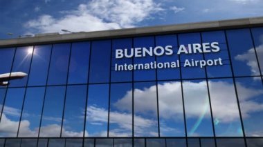 Buenos Aires, Arjantin 3d render animasyon jet uçağı iniş. Cam havaalanı terminali ve uçağın yansıması ile şehre varış. Seyahat, iş, turizm ve ulaşım konsepti.