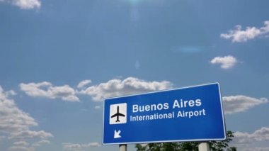 Buenos Aires, Arjantin'e iniş jet uçağı. Havaalanı yön işareti ile şehir varış. Seyahat, iş, turizm ve ulaşım konsepti. 3d render animasyonu.