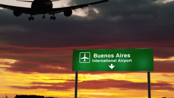 Flygplan Silhouette Landning Buenos Aires Argentina Stads Ankomst Med Flygplats — Stockvideo