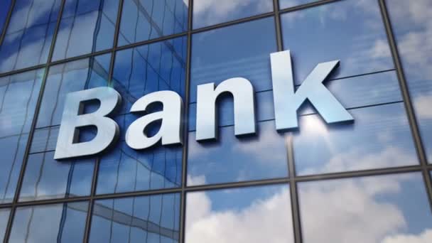 Bank Sign Glass Building Mirrored Sky City Modern Facade Business — Stock Video