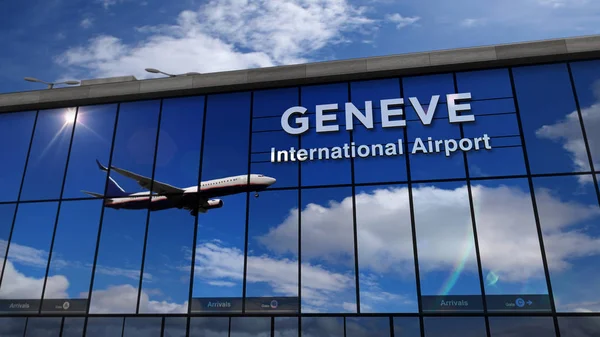 Avião aterrissando em Geneve espelhado no terminal — Fotografia de Stock