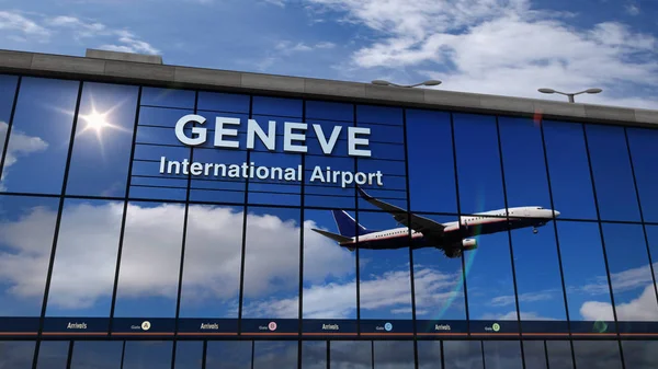 Avião aterrissando em Geneve espelhado no terminal — Fotografia de Stock