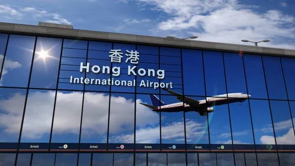 Avião aterrissando em Hong Kong espelhado no terminal — Fotografia de Stock