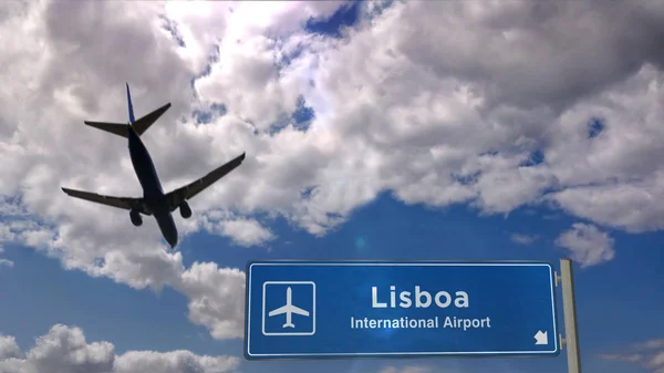 Vliegtuig landing in Lisboa met uithangbord — Stockfoto
