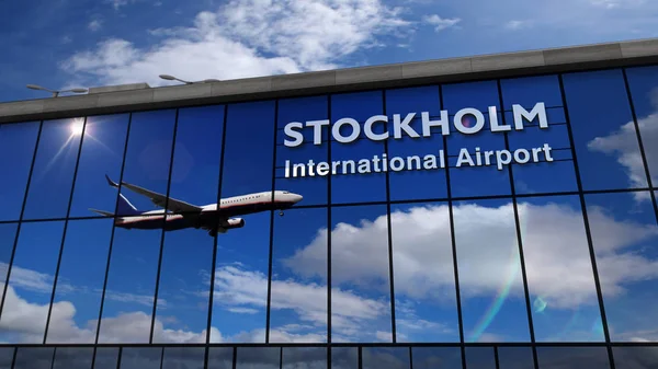 Repülőgép leszállás Stockholmban tükröződik a terminál — Stock Fotó
