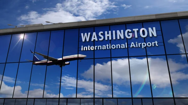 Avión aterrizando en Washington D.C. reflejado en la terminal — Foto de Stock