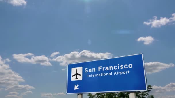 Самолет Приземлился Сан Франциско Калифорния Сша Прибытие Город Указателем Направления — стоковое видео