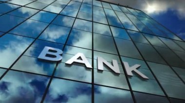 Cam gökdelendeki banka tabelası. Günümüz gökyüzü ve güneş ışınları modern bina cephesinde yansıtılıyor. Döngüsüz ve pürüzsüz 3D canlandırma iş ve finans kavramı.