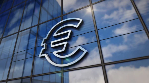 玻璃镜像建筑上的欧元货币符号 — 图库照片