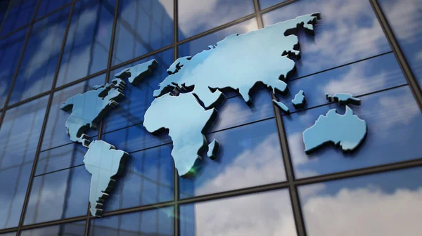 World Map sign on glass wall and mirrored building