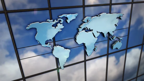 Mappa del mondo segno su parete di vetro e edificio a specchio — Foto Stock