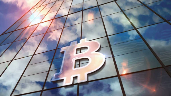 Bitcoin Blockchain technology glass skyscraper with mirrored sky