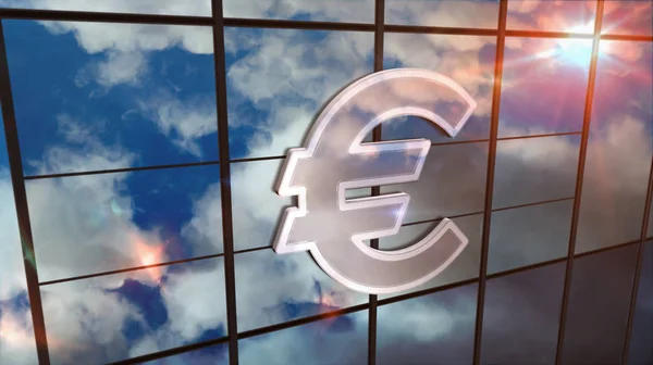 Euro currency symbol on glass skyscraper with mirrored sky illus