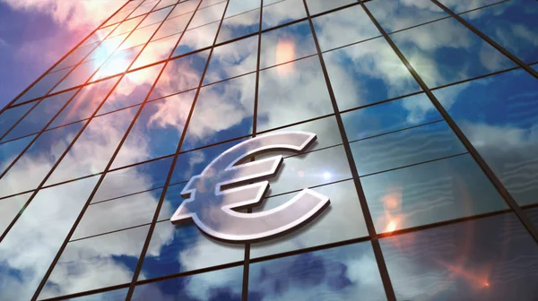 Symbol waluty euro na szklanych drapaczach chmur z lustrzanym rysunkiem nieba — Zdjęcie stockowe